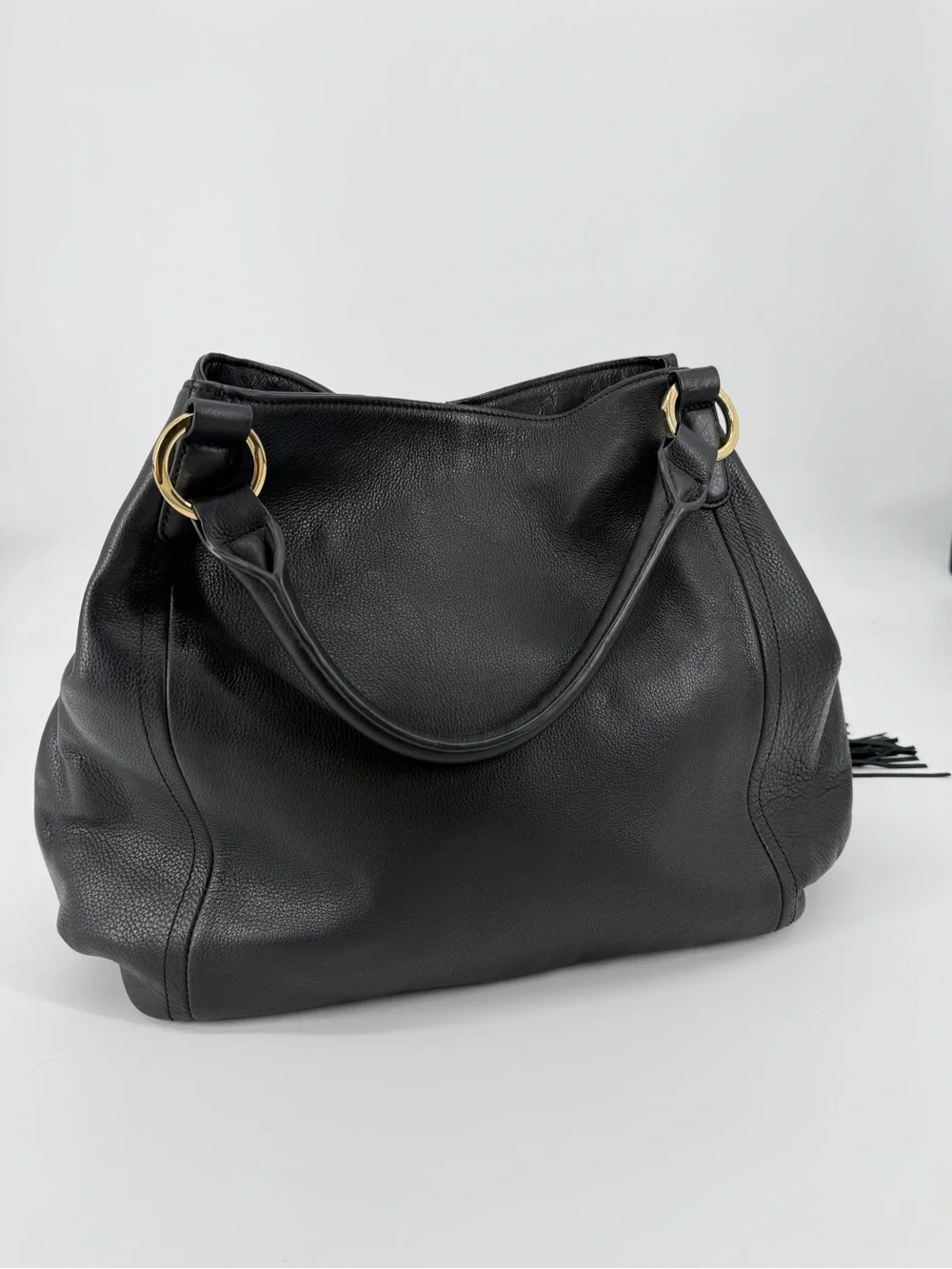 GILI Black Leather Hobo Satchel Bag Gold Hardware Tassel Shoulder Purse